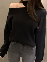 2024 Autumn Winter Women Turtleneck Sweater Oversize Warm Pullovers Sweater Long Sleeve Off Shoulder Loose Jumper