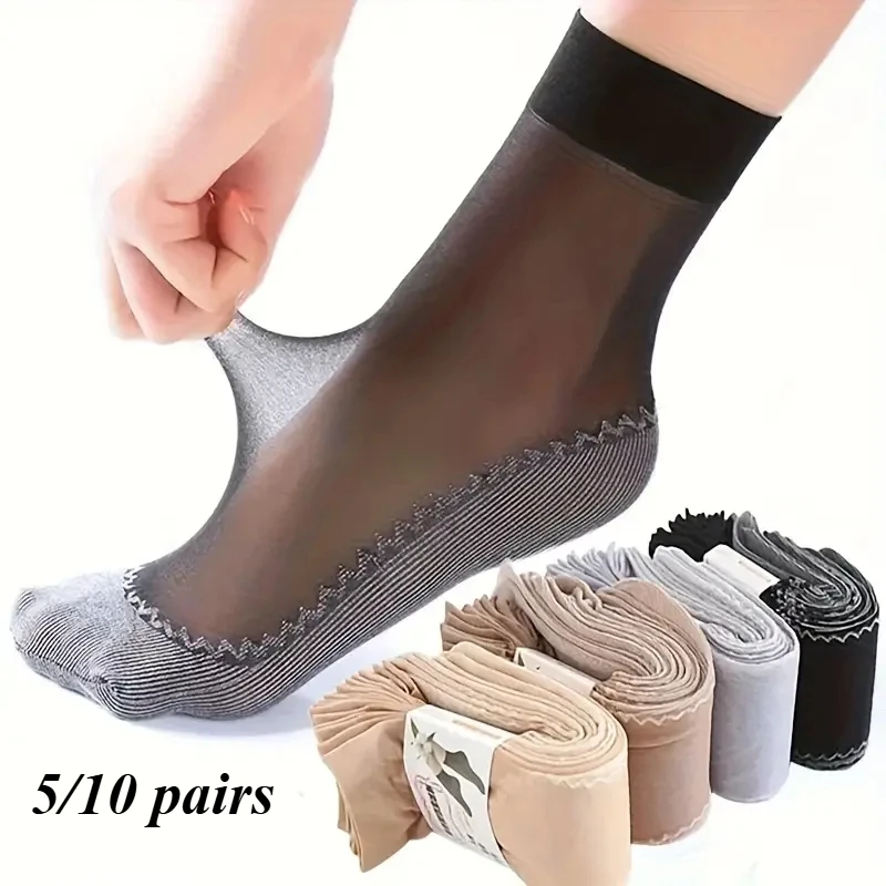 

5 Pairs Elastic Lace Socks, Breathable Sweat Wicking Short Socks for Women, Nude See Through Mesh Thin, Plus Size 4 Seasons