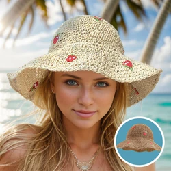 Cute Strawberry Pattern Foldable Woven Premium Quality Crochet Sun Bucket Hats for Women Fashionable Handmade Knitted Straw Hats