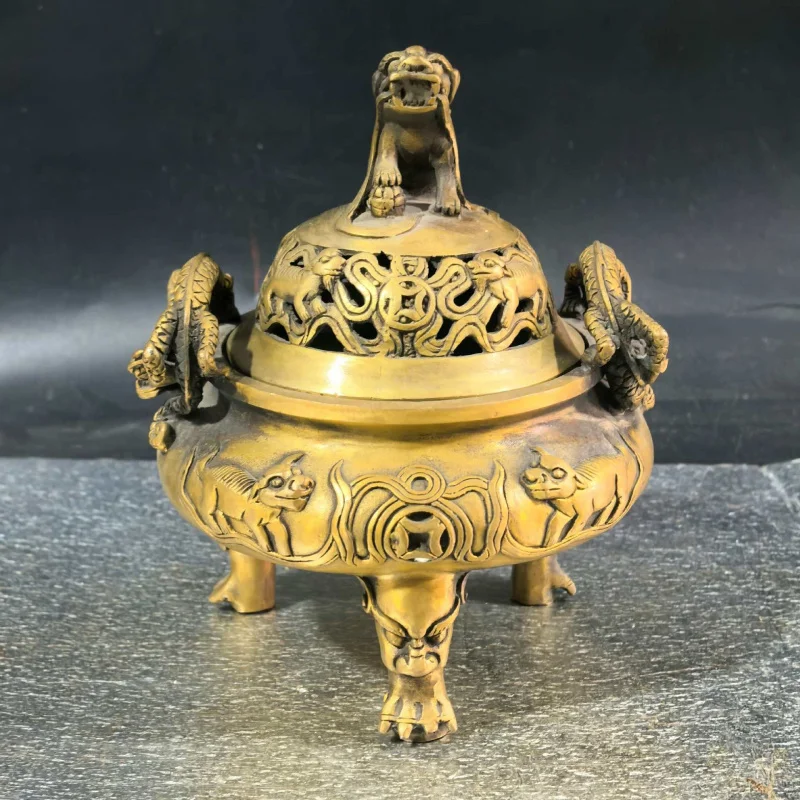 Brass Lion with Gilt Dragon Ears, Zen-Inspired Incense Burner, Creative Craft Decoration for Home Interior