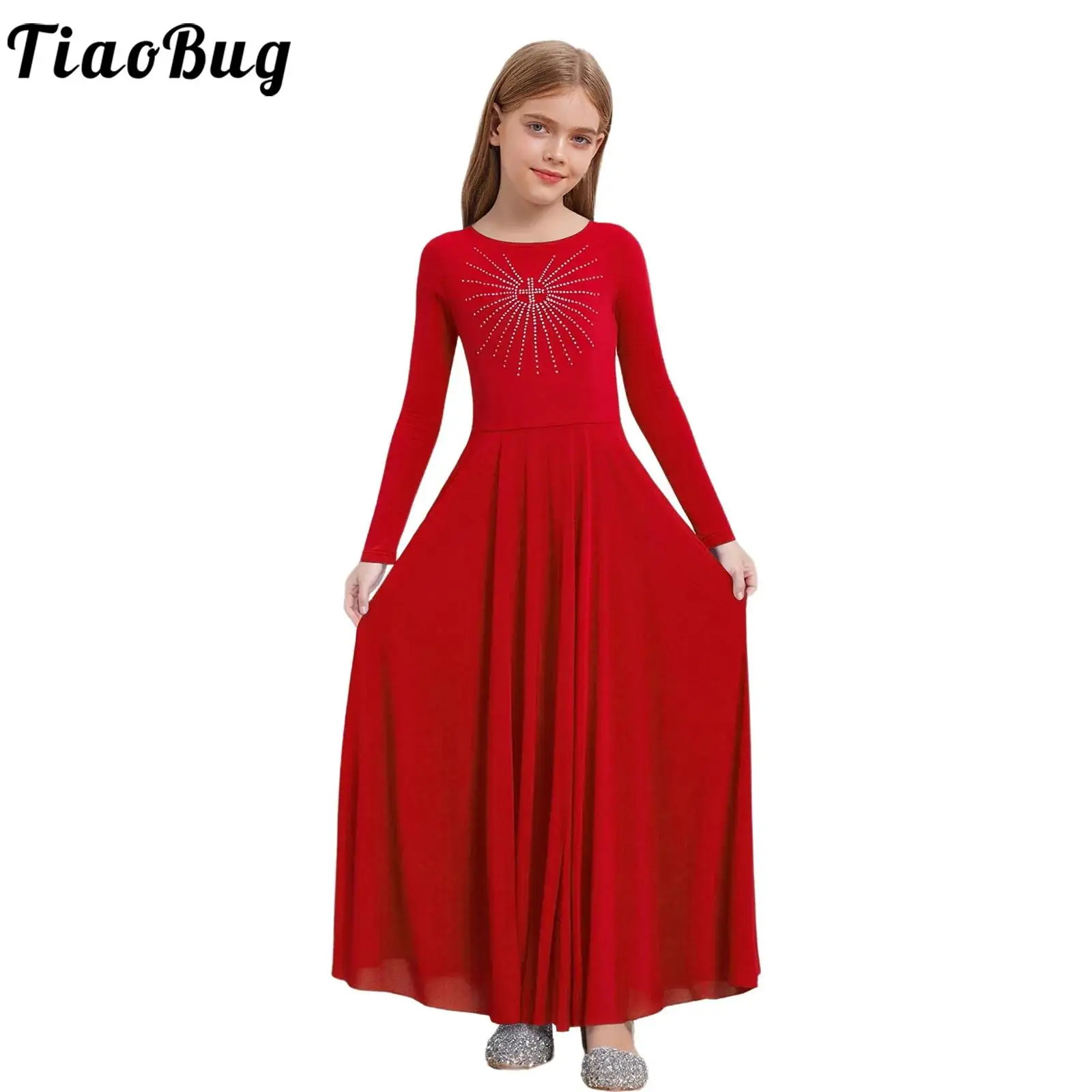 

Kids Girls Liturgical Worship Dance Dress Rhinestones Long Sleeve A-line Maxi Dress for Lyrical Praise Church Choir Performance