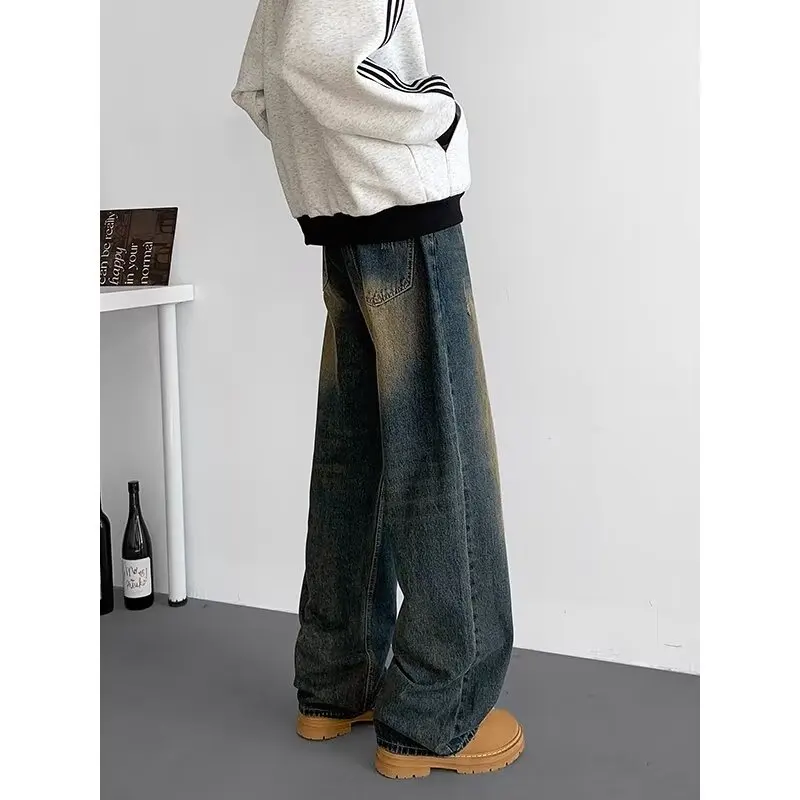 Celana Jeans Pria Vintage Gradasi High Street 2025 Musim Semi Gugur Gaya Amerika Longgar Lurus Dicuci Distressed Lebar