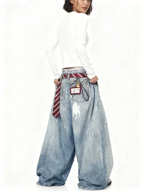 سروال Scimitar للسيدات والفتيات للخريف سروال قصير كبير الحجم في الهواء الطلق واسع الأرجل مرقع منقوشة الجرونج كلية فنية عتيقة #6