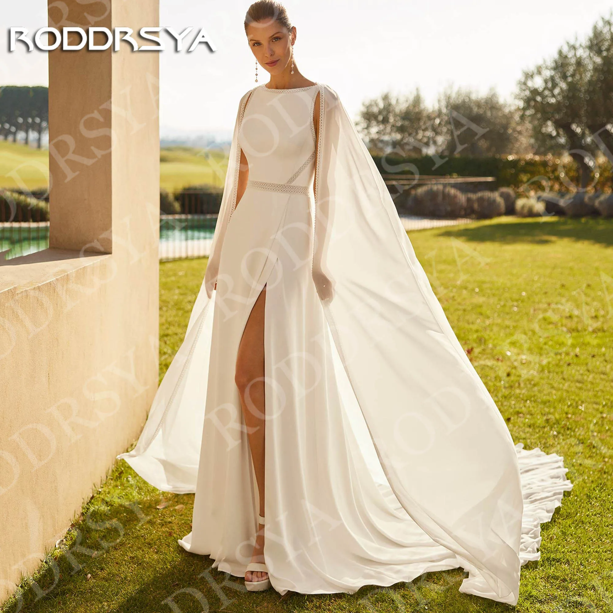 RODDRSYA Sleeveless Wedding Dress Modern Open Back A Line High Slit Bridal Dresses with Detachable Cape Customized robe mariée