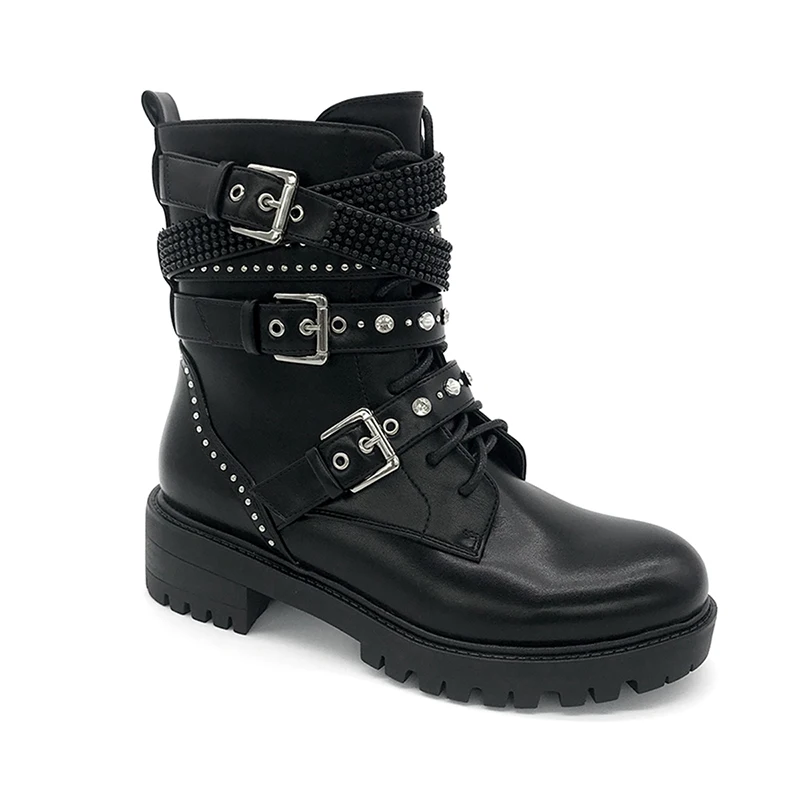 European and American Marten boots side zipper knight mid-tube round toe buckle short boots black women's flat boots flat heel