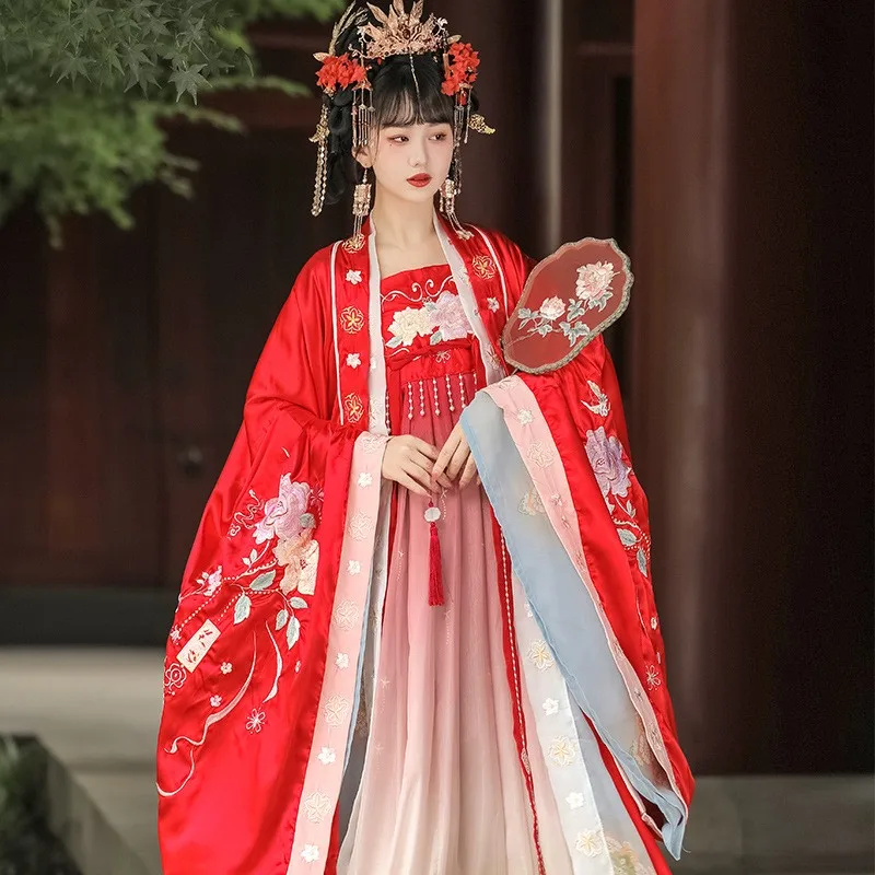 

Hanfu female red big sleeve shirt embroidery Chekhov skirt Chinese style flower marriage new suit