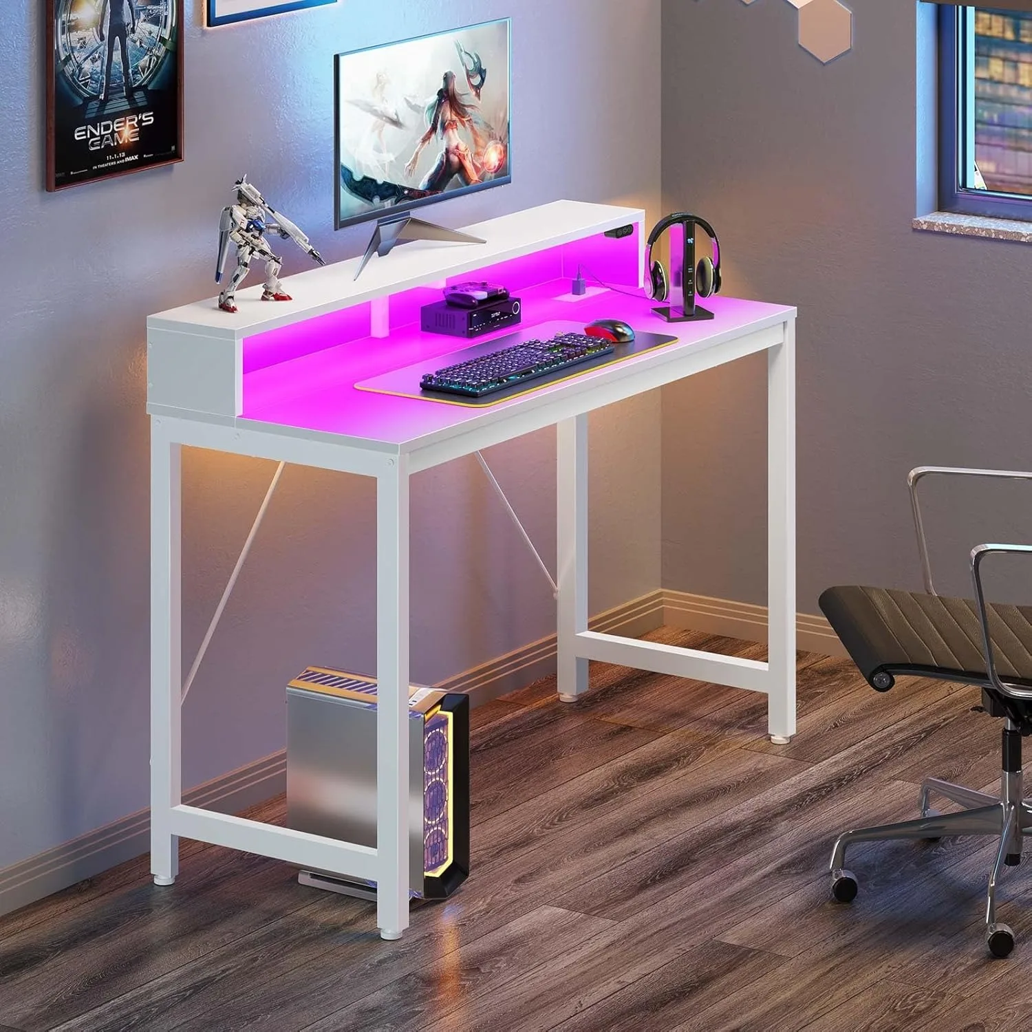 Computer Desk 47 inch with LED Lights & Power Outlets, Home Office Desk with Monitor Shelf, Gaming Desk, Writing Desk,  White