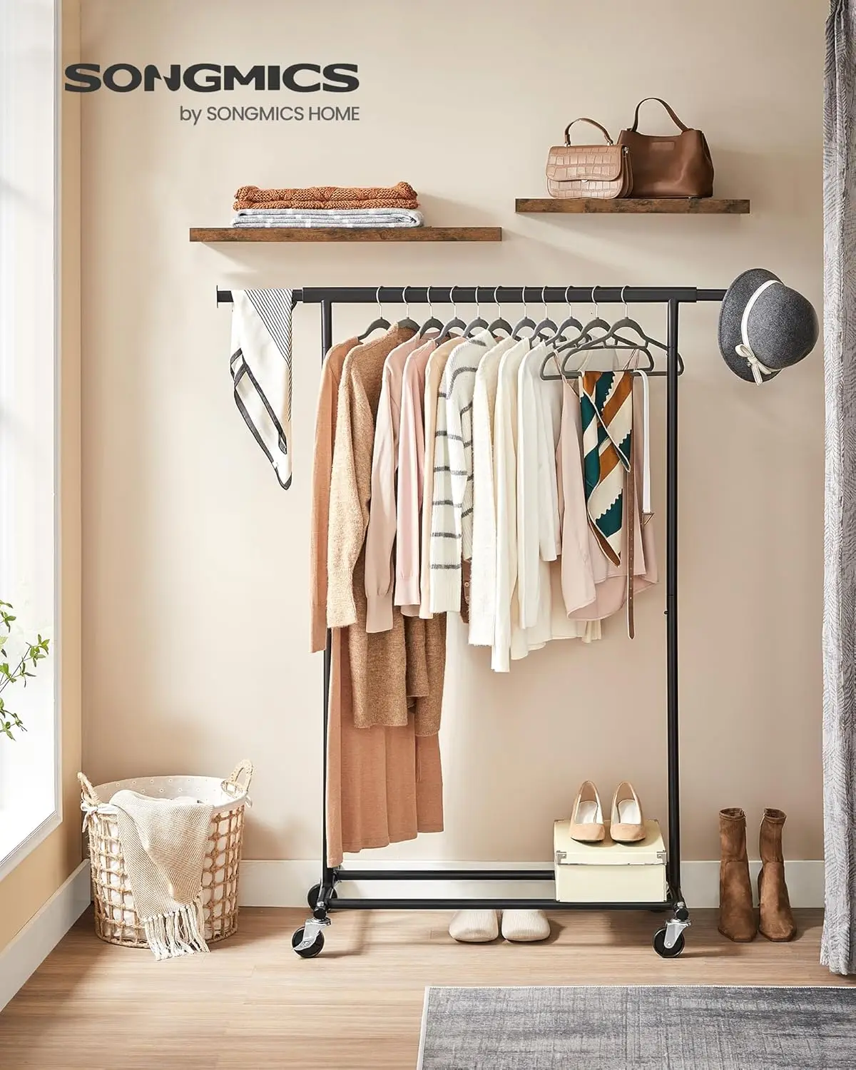 Clothes Rack with Wheels, Clothing Rack for Hanging Clothes, Garment Rack Heavy-Duty Portable, with Extendable Hanging Rail, 198