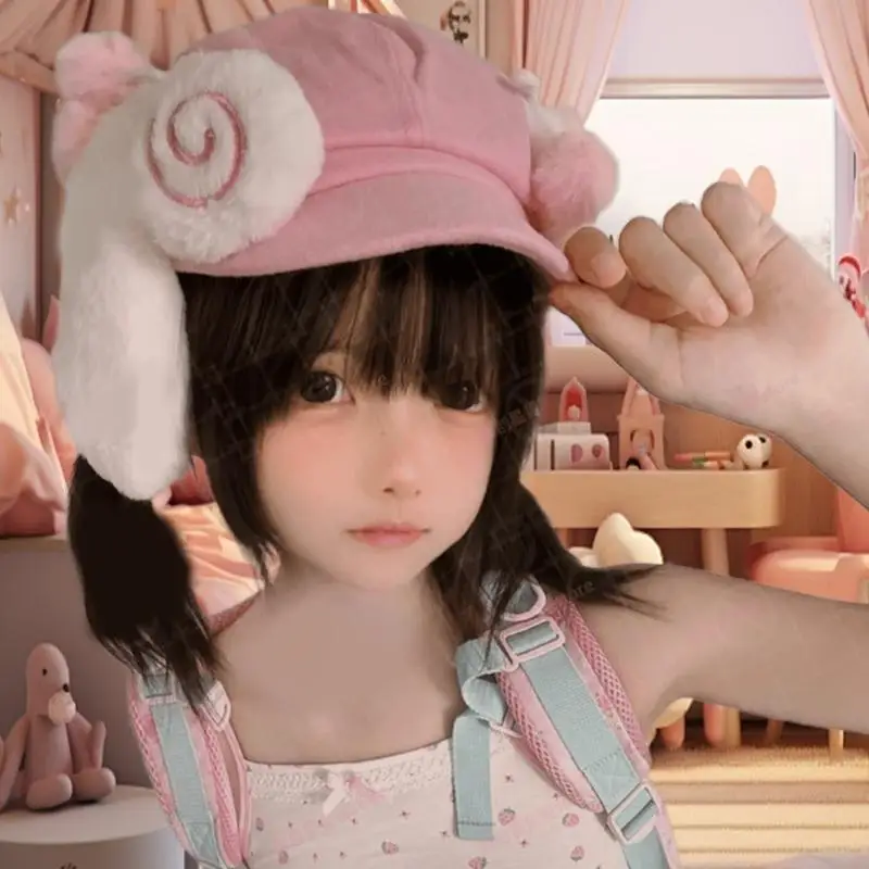 U4LE Berretto con Orecchie Pelose con Fascino Coniglio Cappello da Pittore Cappello da Cabbie Britannico per Autunno Inverno