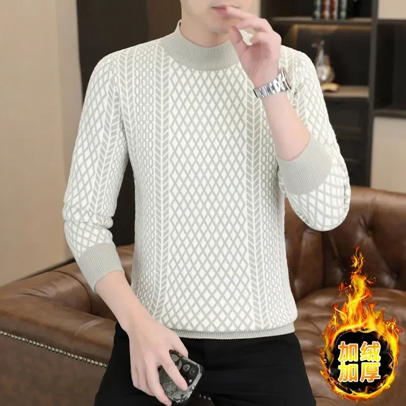 Winter One-piece Velvet Thick and Warm Sweaterfor Men's Retro Knitted Jacquard Round Neck Casual Pullovers Social Men Clothing