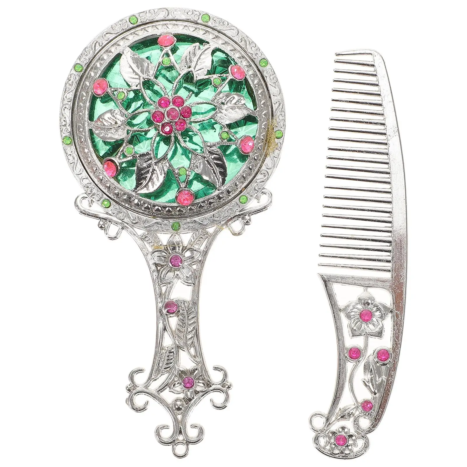 

Retro Floral Comb Set Vanity Mirror Mini Compact with Brush Portable Small Makeup