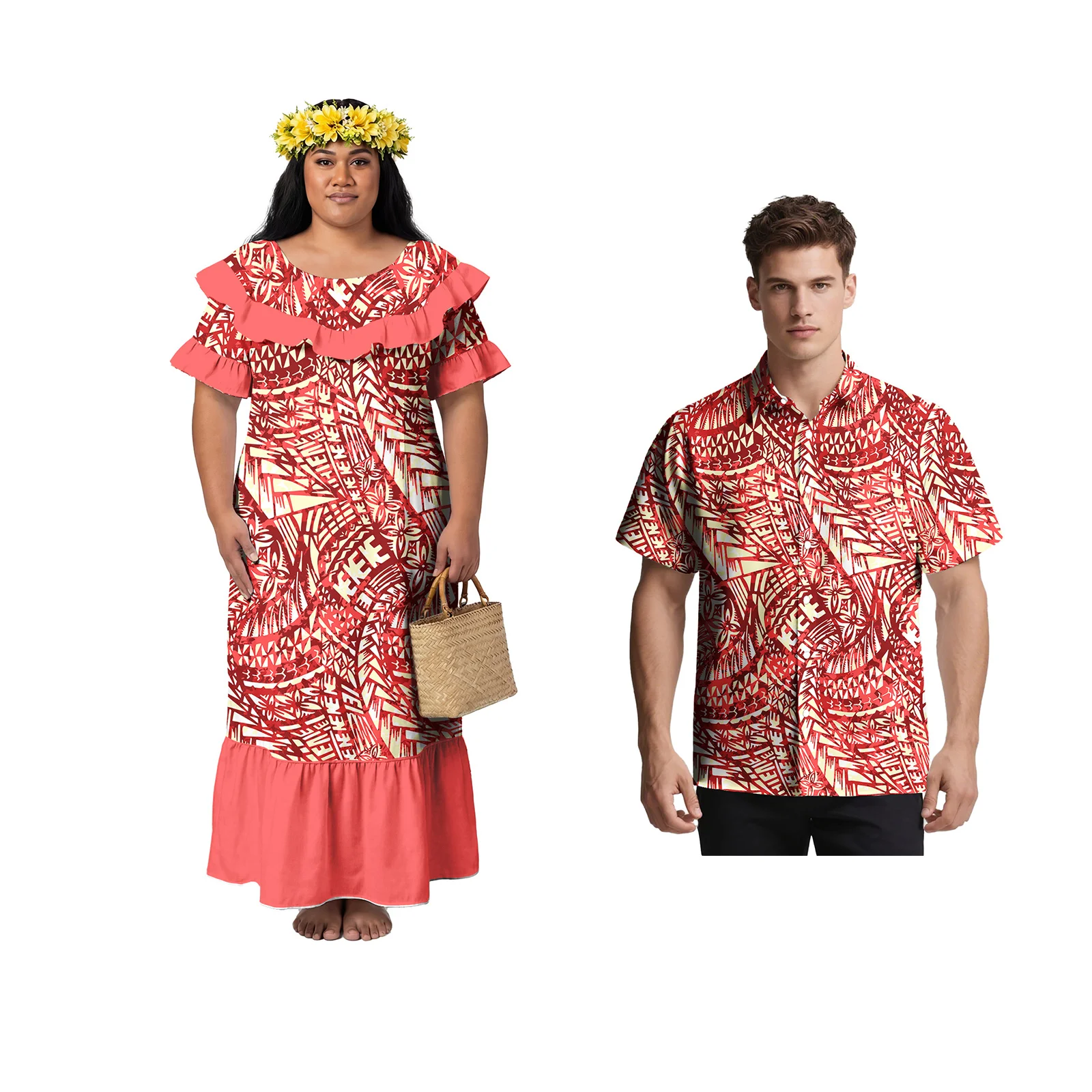 

Custom Couple of Set Women Elegant Aloha Dresses Men Polynesian Flowers Short Sleeve Shirts Samoan Tribal Sweet Lovers Clothing