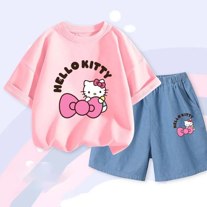 Conjunto Kawaii Sportswear infantil, roupa de menina, Kawaii Hellokittys infantil, Kuromi, Tencel, Comfort Boys Loungewear, verão