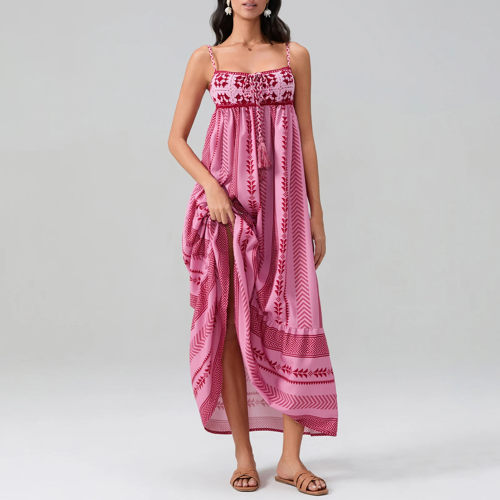 Summer Women Sleeveless Flowy Dress Vacation Party Elegant Geometric Print Crochet Tassels A-Line Party Dress Streetwear Clothes