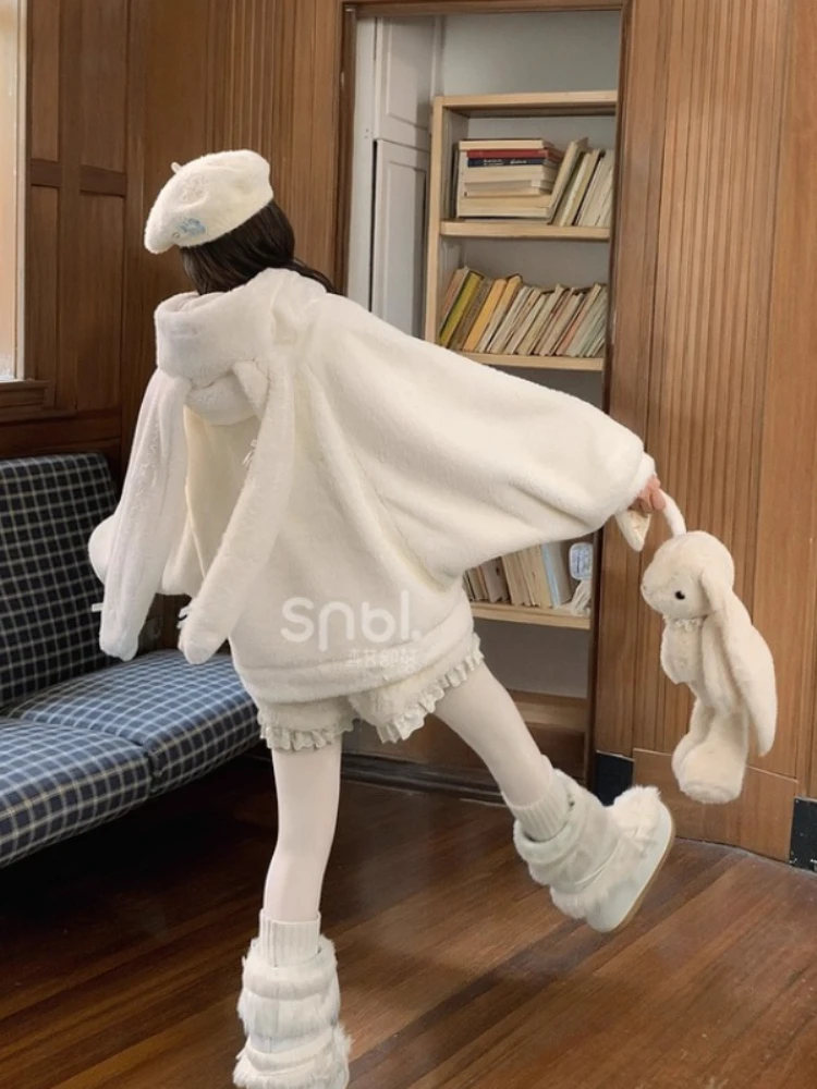 Süße süße Mädchen Kaninchen Ohr mit Kapuze Fleece Hoodies Sweatshirt verdickt warm vielseitig lose weiße kurze Jacke Mantel Frauen Winter