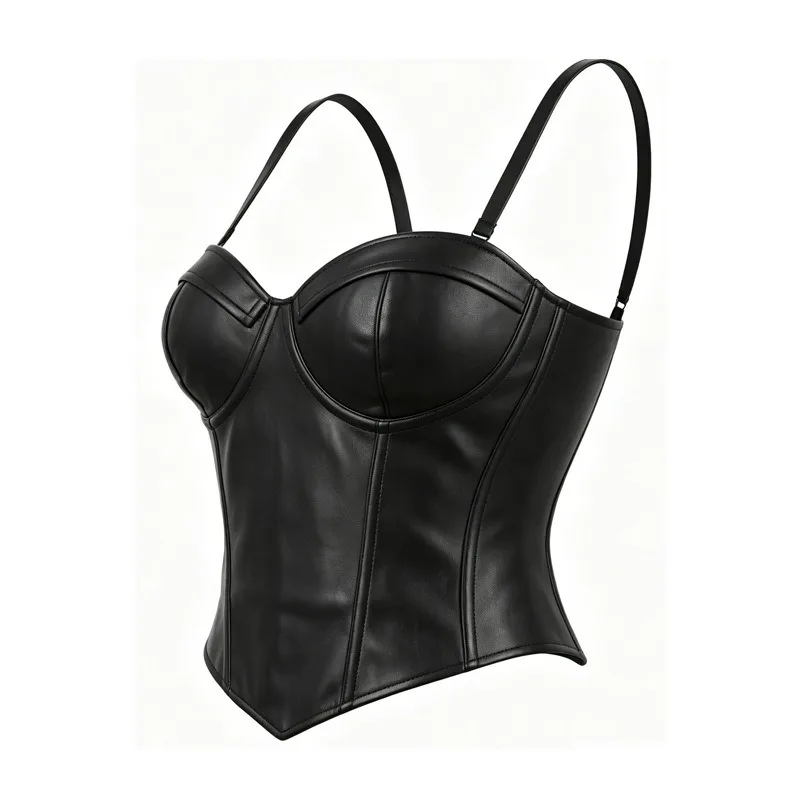 Women Faux Leather Spaghetti Strap Corset Top Sweetheart Pointed Hem Bustier Slim Waist Shaper Punk Club Camisole