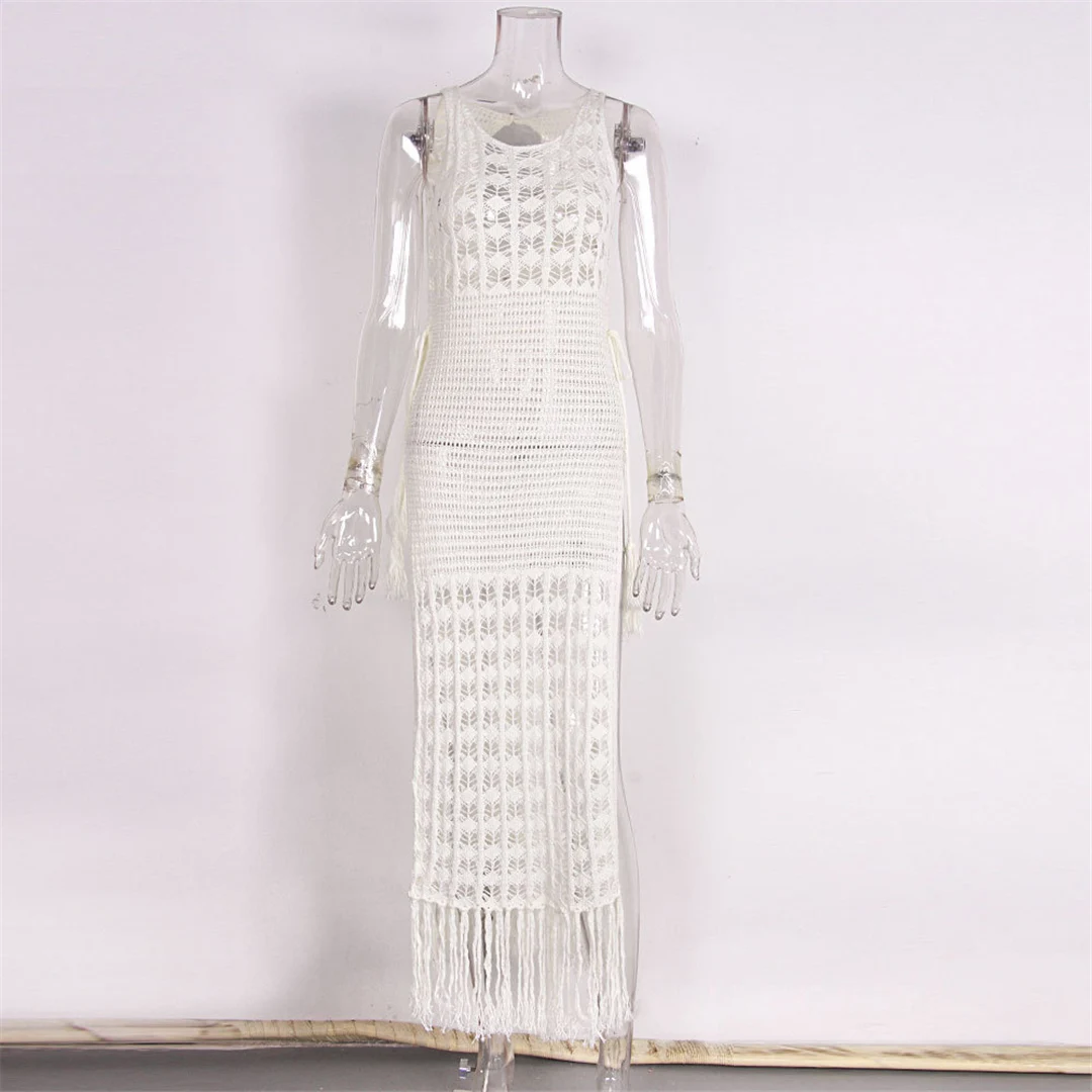 S-XL Sexy, ausgeschnittenes, mit Fransen und Quasten versehenes, gestricktes, gehäkeltes Tunika-Strandkleid, Strandkleid, Strandmode, Damenmode V3800 – Detail 20