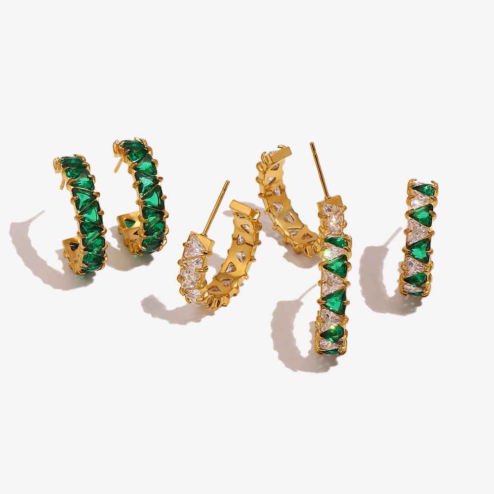 E.B.belle 18K Gold Plated C-Hoop Stud Earrings For Women Emerald White CZ Stone Earrings Hypoallergenic Jewelry For Wedding