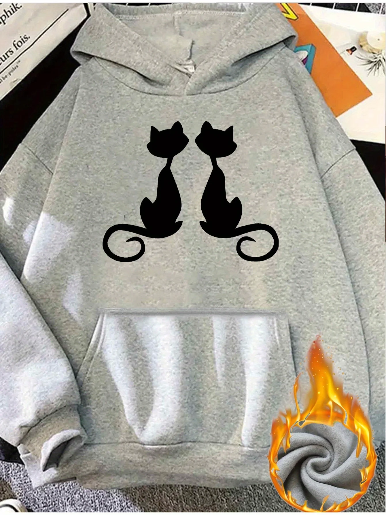 2025 Autumn and Winter Women's Casual Hooded Sweatshirt Double Cat Silhouette Print Long Sleeve Comfortable Hoodie Pattern Cat