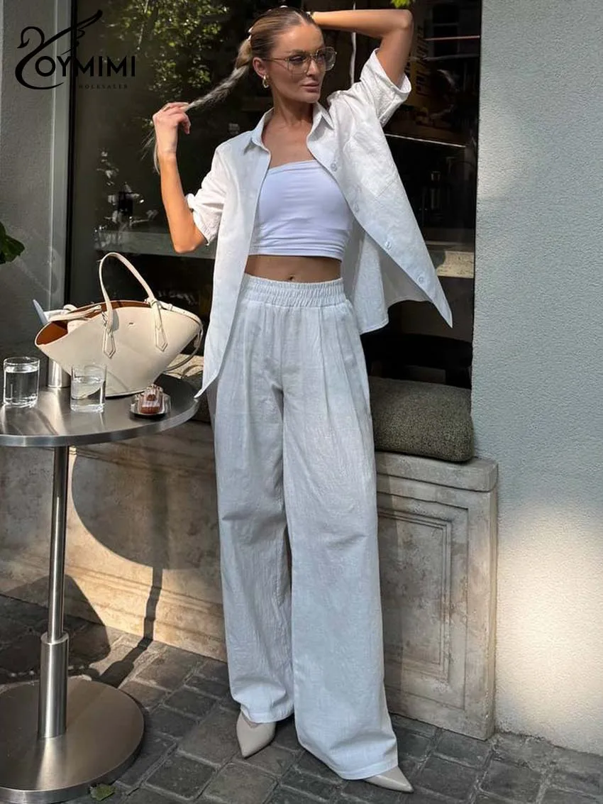

Oymimi Elegant White Cotton 2 Piece Sets Woman Outfits Fashion Half Sleeve Pockets Single Breasted Shirts And Simple Pants Sets