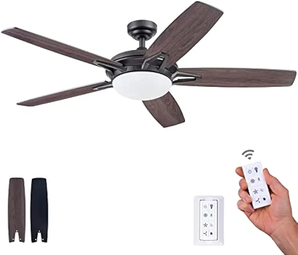 Ventilateur de plafond LED contemporain avec lumière, télécommande, option de montage pour touristes, finition pour 5 touristes, 52 po