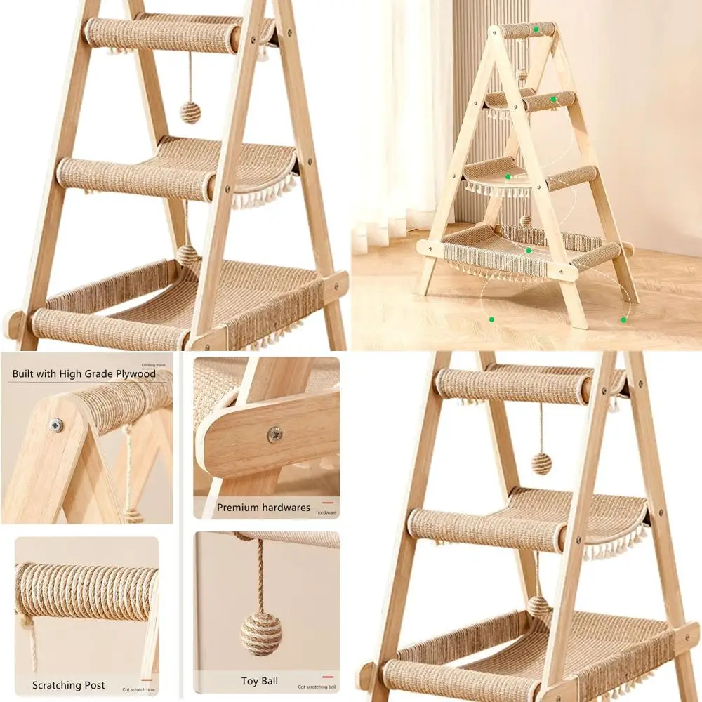 

3-Tier A Frame Wooden Cat Tower with Ladder, Multi-Level Bed, Hammock, Scratching Post, and Hanging Toy Ball for Large Cats (Bei