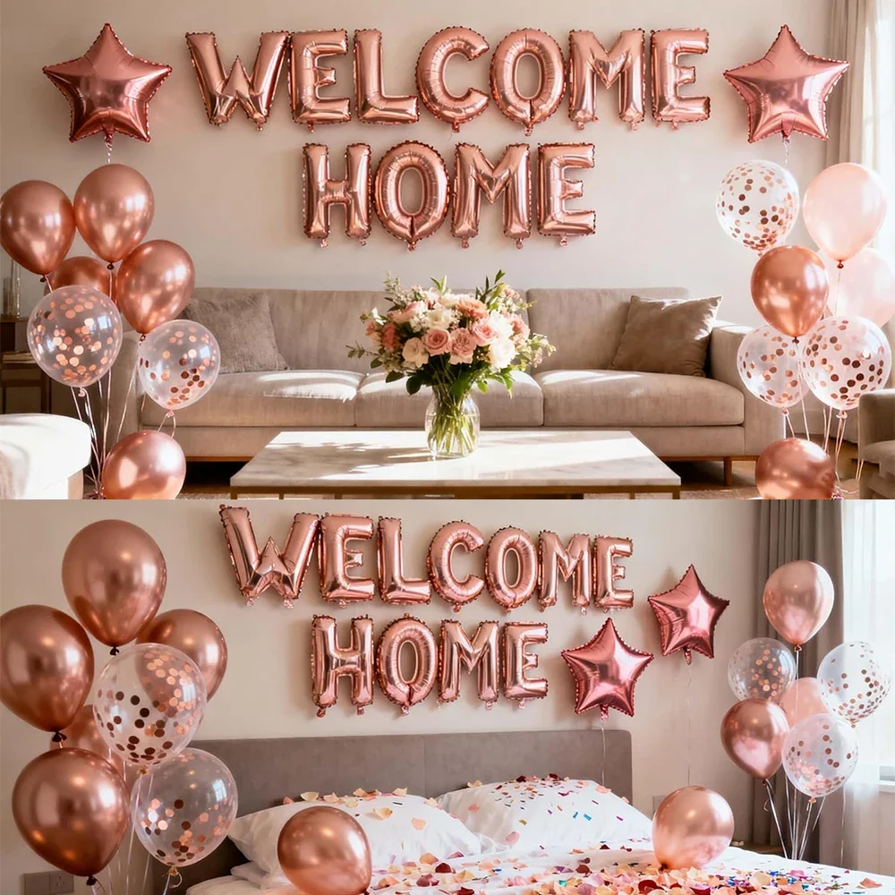 33pcs Rose Gold "WELCOME HOME" Letter Balloons Set with Star Latex Balloons for Family Reunion Housewarming Party Decoration