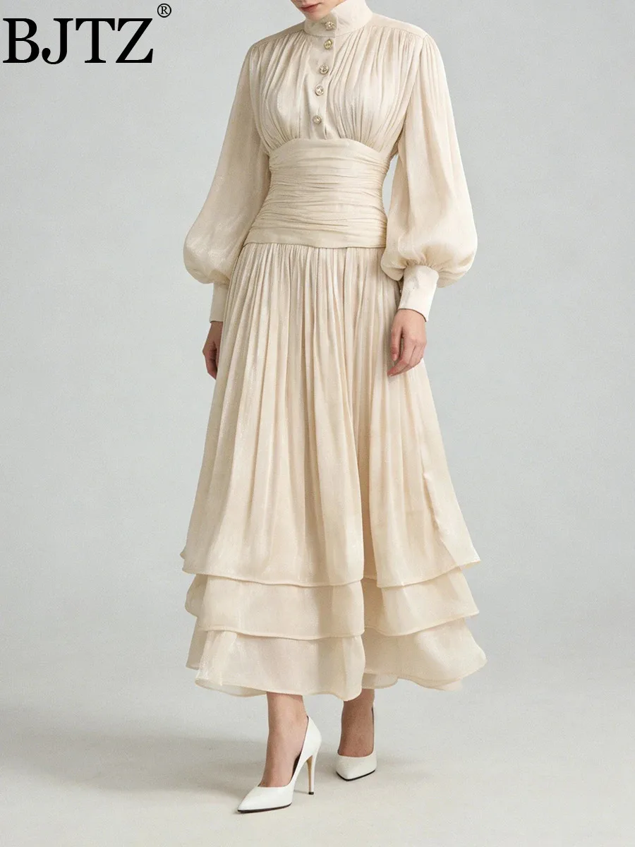 

BJTZ 2026 Women's Minimalist French Retro Dress Ruffled Patchwork Maxi Skirt Elegant Slim Spring Fashion Casual Ladies Outfit