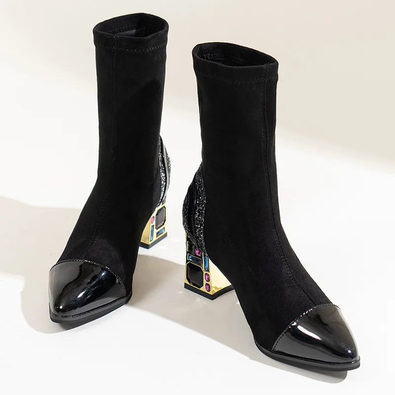

Fashion New Women Black Stretch Sock Boots Crystal Chunky Heel Pointed Toe Rhinestone Party Shoes Patent Leather Toe Cap Tacones