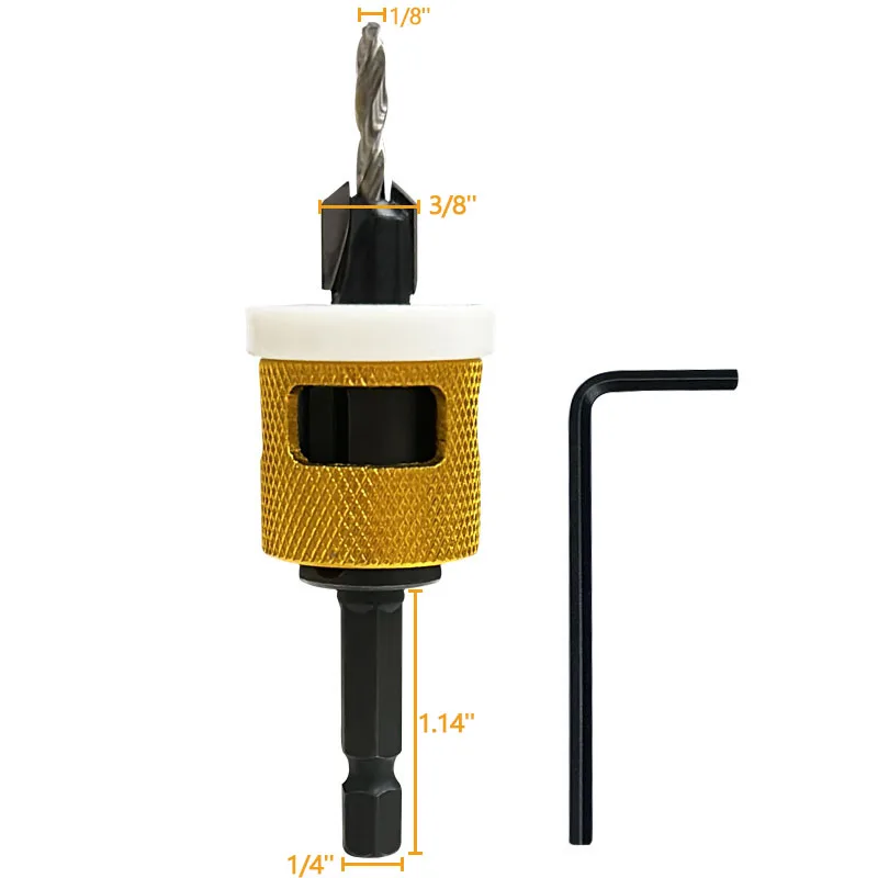 

1Pc Countersink Drill Bit Set, HSS M2 Tapered Bits 3/8" Dia X 1/8'' Drill, Carbide Tipped 82° Counter-Bore, 1/4"Hex Shank