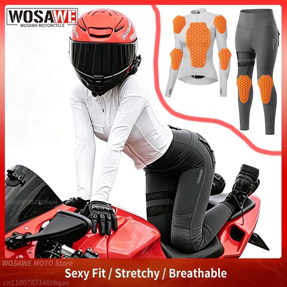WOSAWE Women Motorcycle Jacket Pants Set with Soft Pads Summer Autumn Motocross Touring Gear Slim Fit Motorbike Clothing