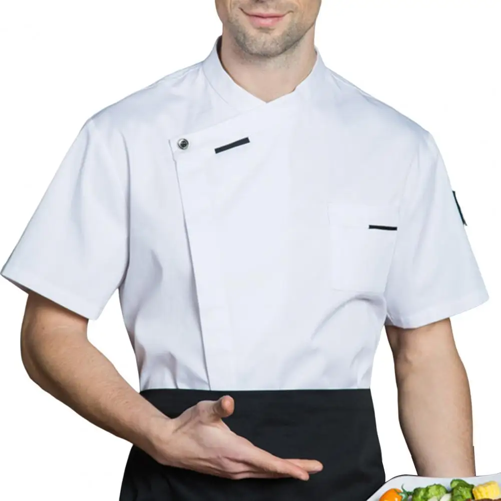 Chef-Kok Uniform Vlekbestendige Chef-Kokers Met Korte Mouwen, Asymmetrisch Verborgen Bord Ober Shirt Unisex Bakkersuniform Met Knopen En Knopen