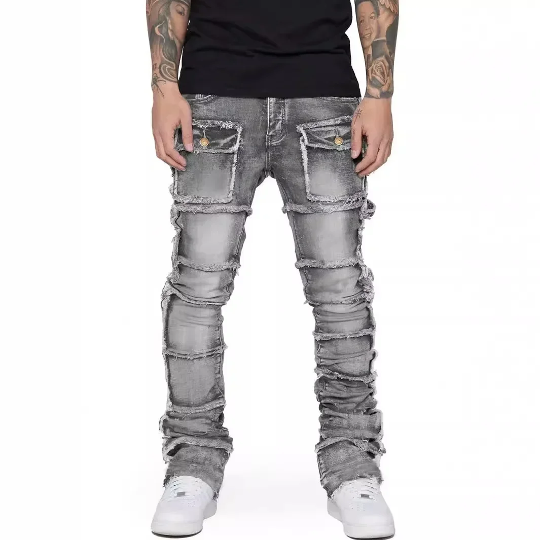 

Trendy Men Jeans, European and American Fashionable Workwear with Patch, Elastic, Laminated and Slightly Flared Men Denim Pants.