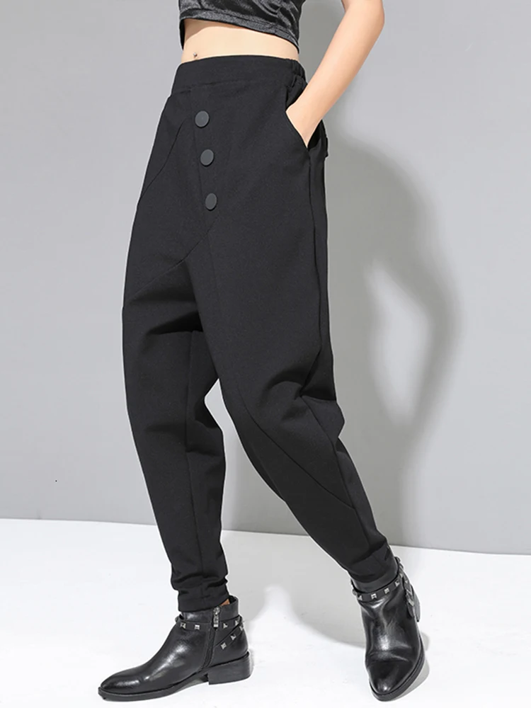 

High Elastic Waist Black Button Stitch Harem Trousers New Loose Fit Pants Women Fashion Tide Spring Autumn