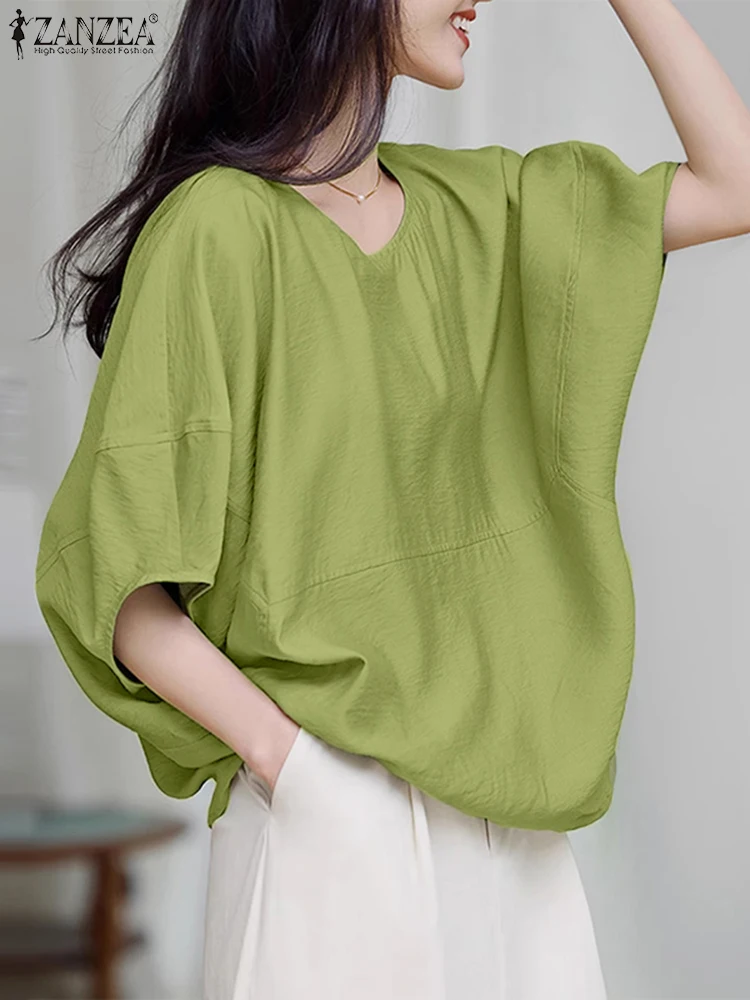 

ZANZEA 2022, женские летние однотонные свободные блузки, стильная рабочая рубашка с коротким рукавом, повседневные праздничные топы с круглым вырезом, женская сорочка Mujer