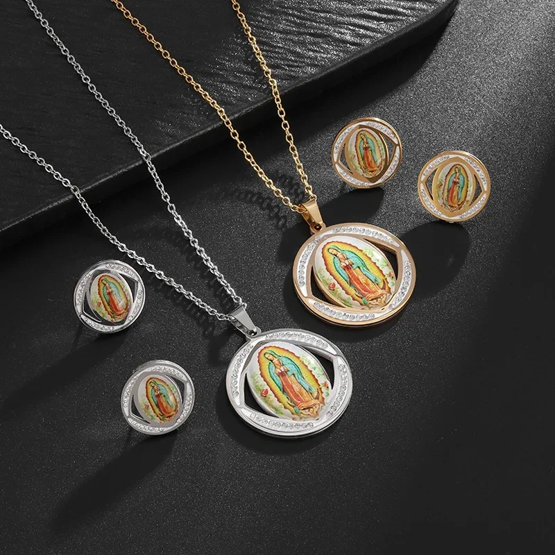 Fashionable Religious Virgin Mary Statue Our Lady of Guadalupe Necklace Earrings Women's Lucky Jewelry Set