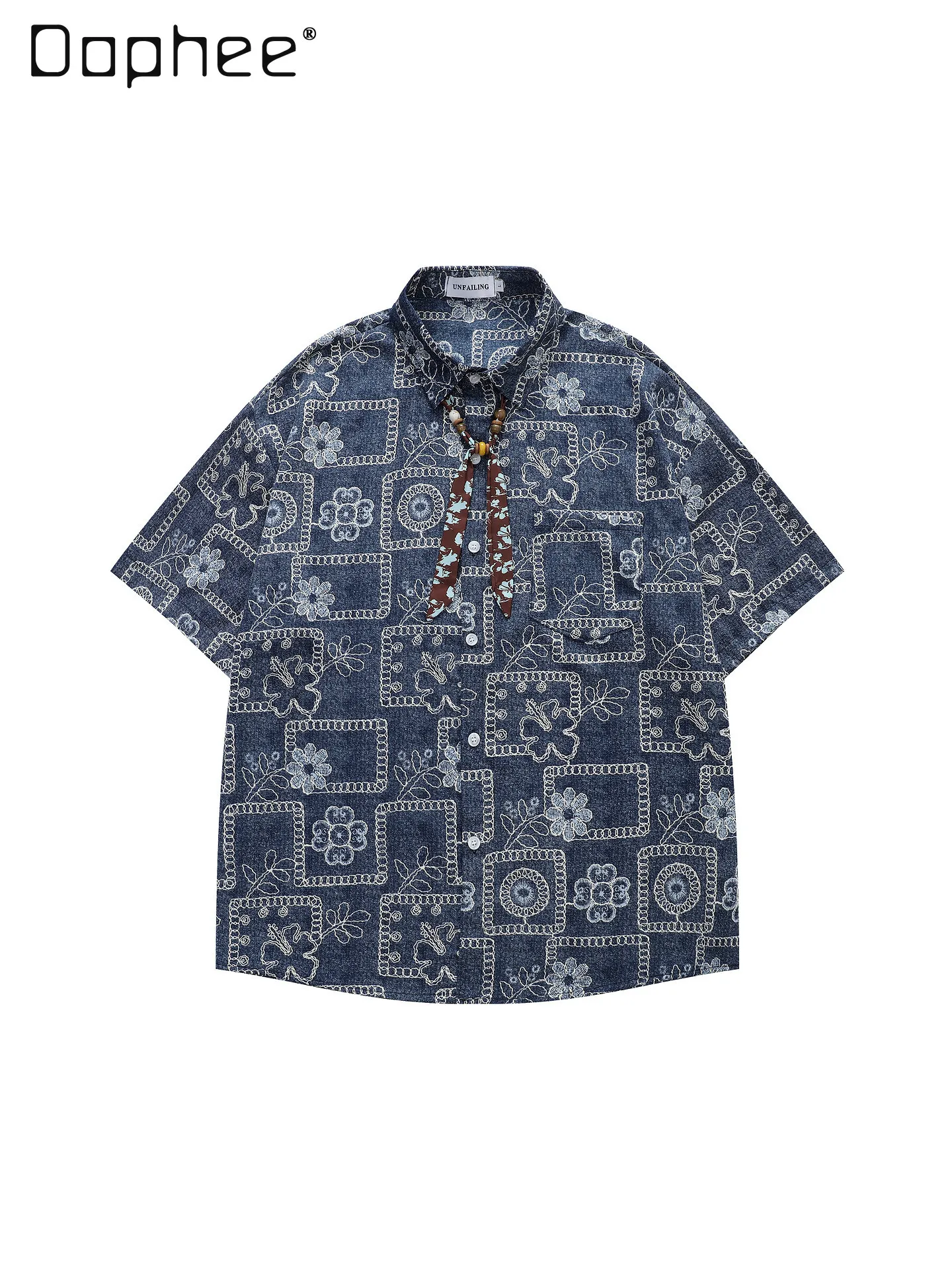 Summer Vintage Denim Blue Floral Patchwork Short Sleeve Shirt Men Lapel Loose Oversized Blouse with Printed Ribbon Tie
