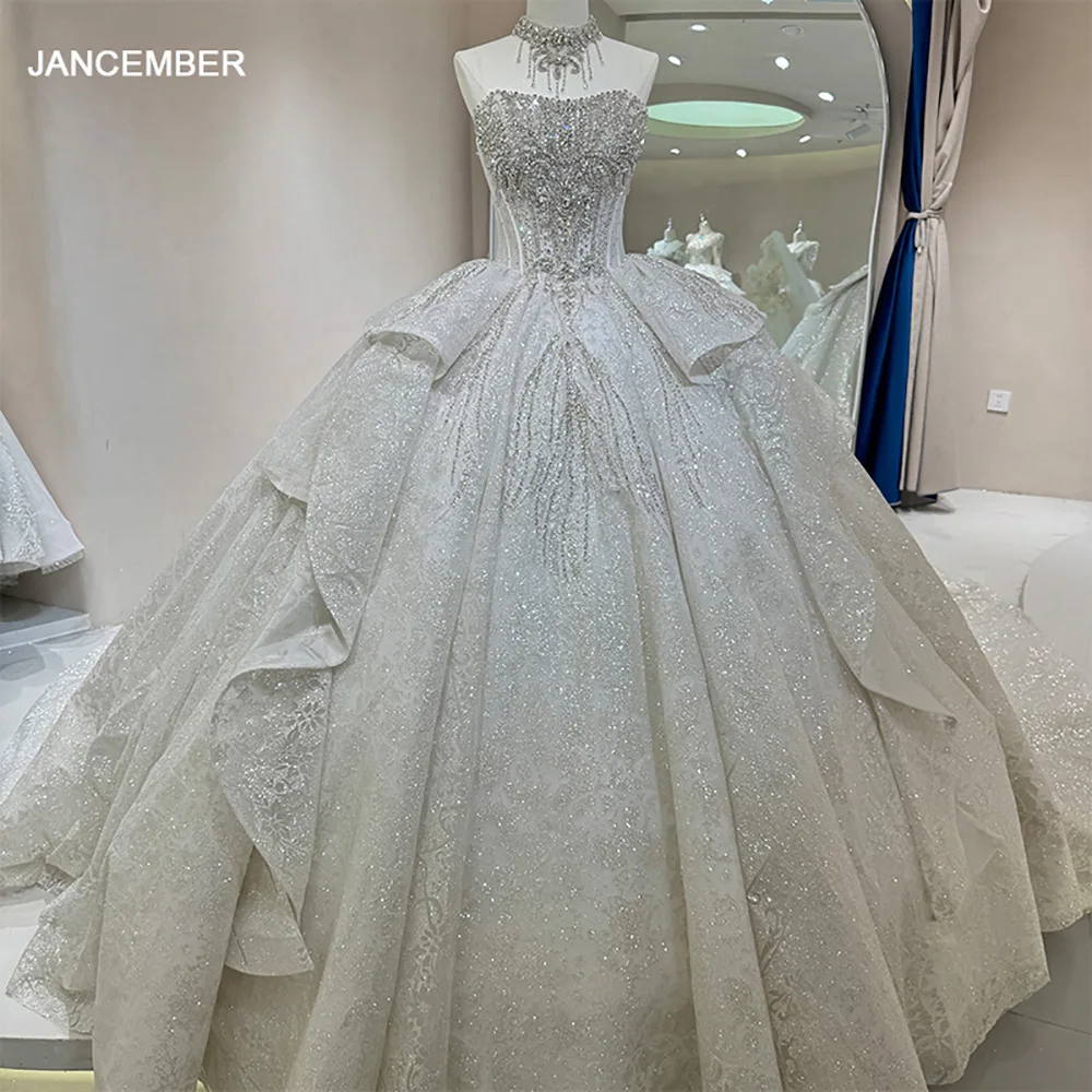 فستان زفاف أنيق لامع مطرز بالكامل مع فستان عروس الأميرة بأكمام قصيرة وكشكشة مخصصة فيستدو دي نوفيا #1