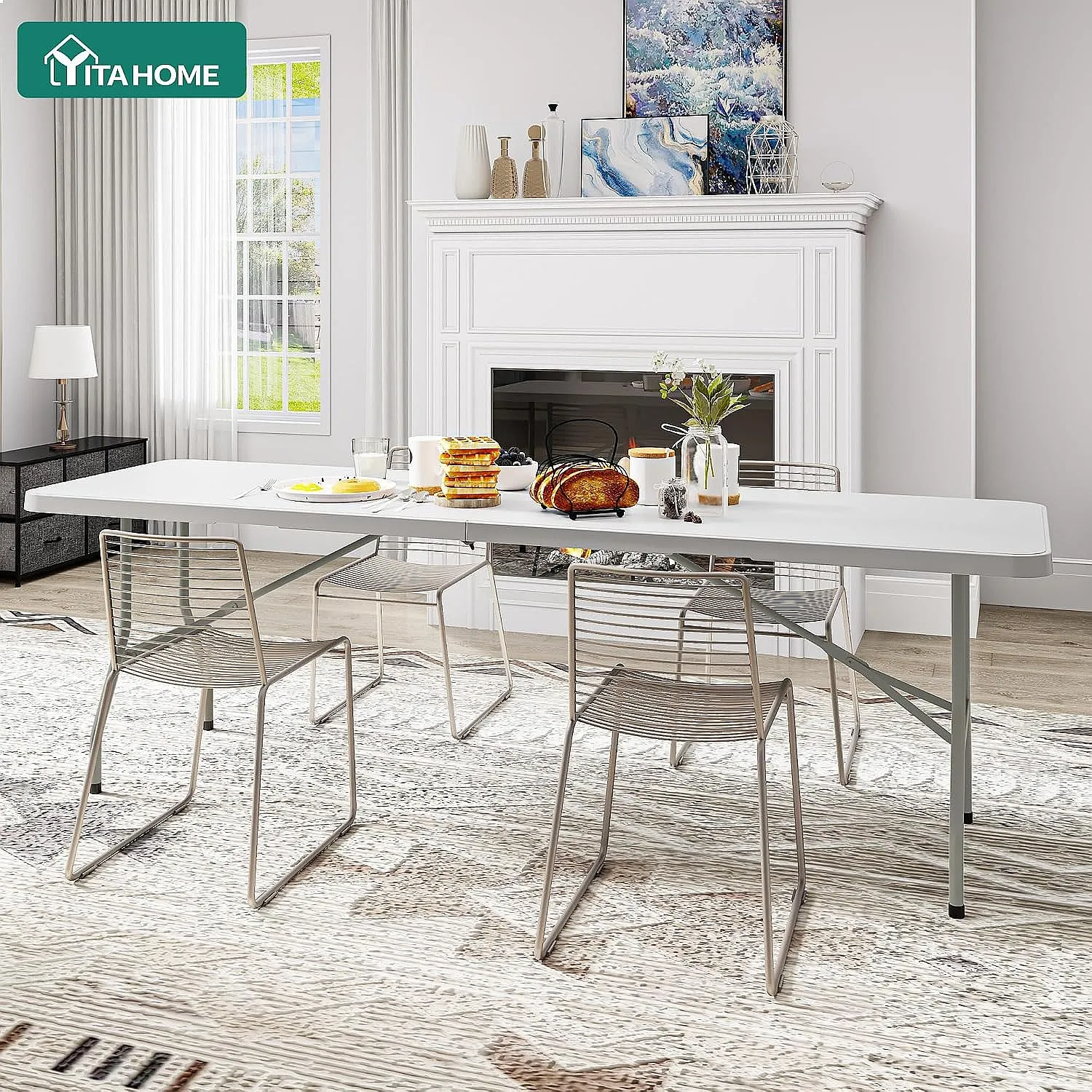 YITAHOME 8FT Heavy Duty Folding Table with Carry Handle, Plastic Fold Up Table for Camping Picnic Parties Indoor Outdoor White