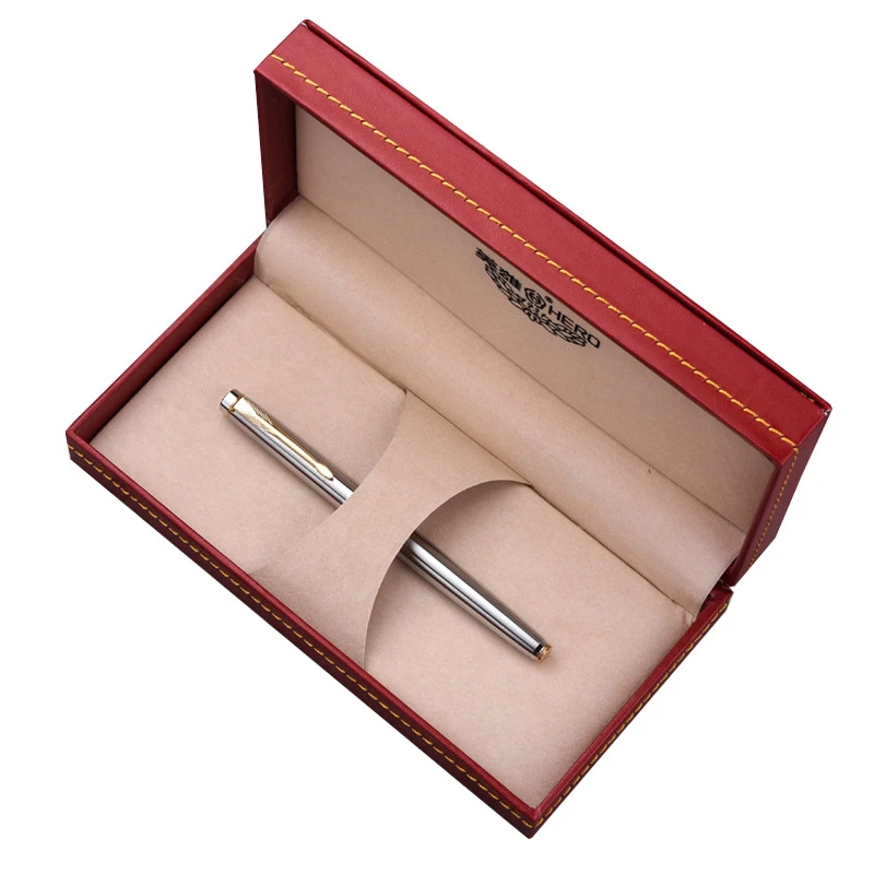 Hero 200A Stainless Steel Barrel 14K Gold Fountain Pen 0.5mm Fine Nib Golden Trim With Original Box Gift Pen Set