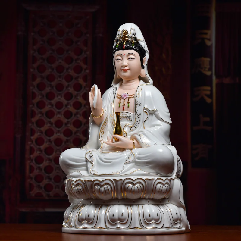 Dai Yutang ceramic Avalokitesvara Buddha statues at home and home, Dehua white porcelain white gold color Avalokitesvara statue