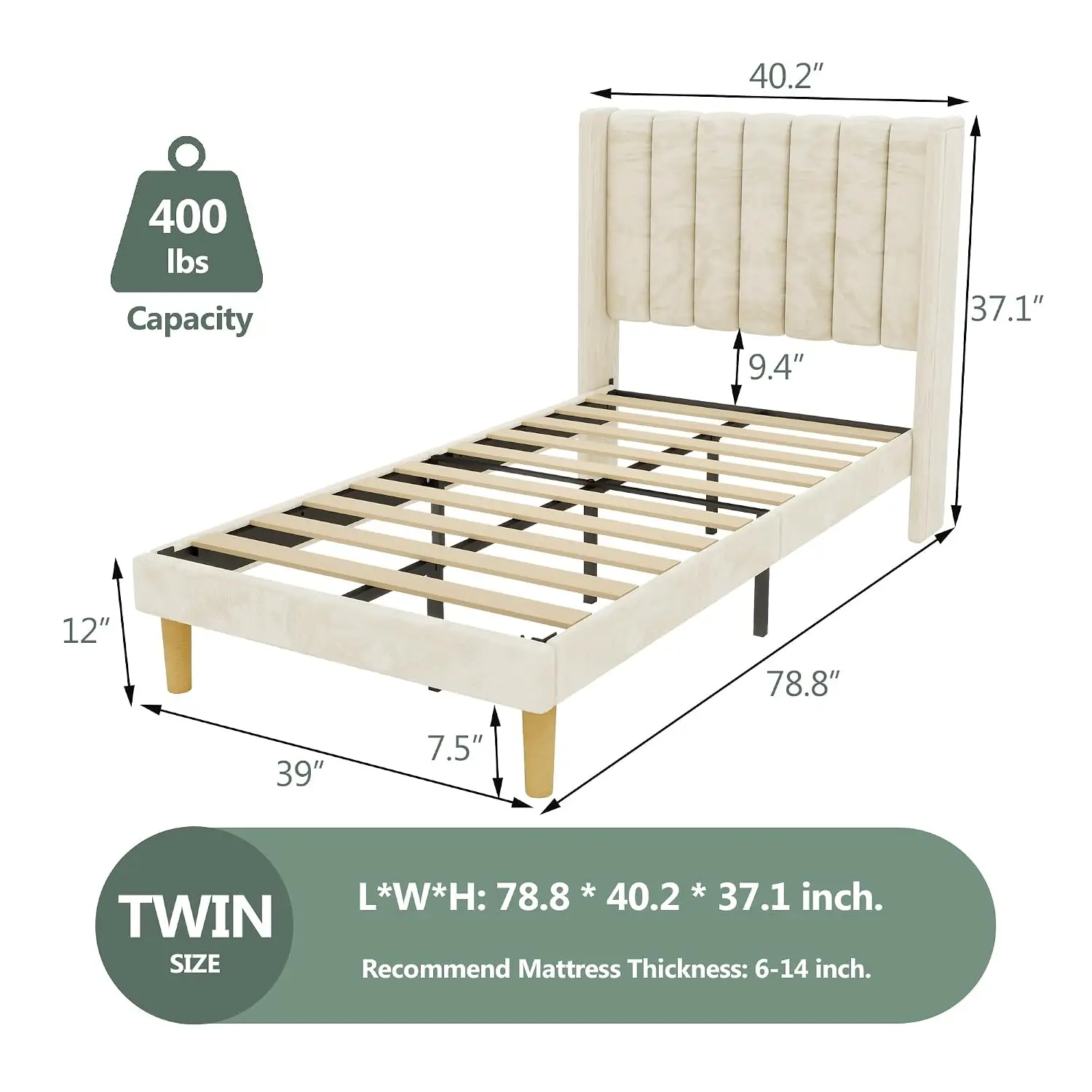 Twin Bed Frame with Velvet Upholstered Headboard, Beige | Vertical Channel Wingback Headboard, 7.48