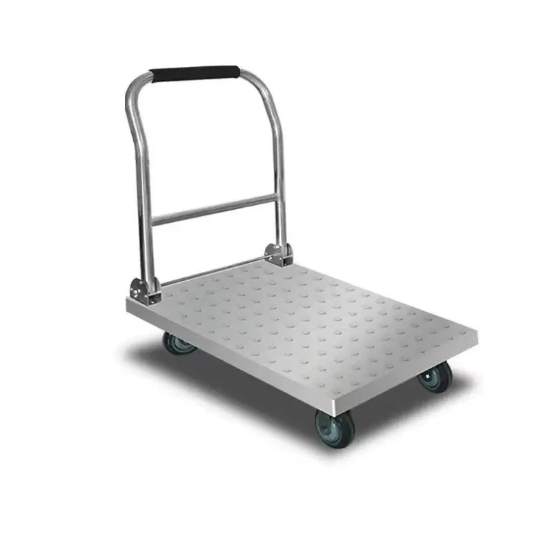 Stainless Steel Foldable Heavy Duty Hand Trolley Cart Flatbed Platform With Wheels For Warehouse Hotel Restaurant Kitchen Use