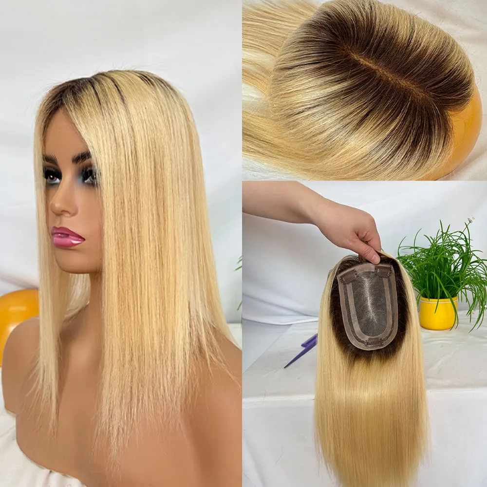 14 Inch Ombre Human Hair Toppers for Women with Thinning Hair 4x6inch Mono Lace Front with Clip Hair Piece 4T613 Natural Look
