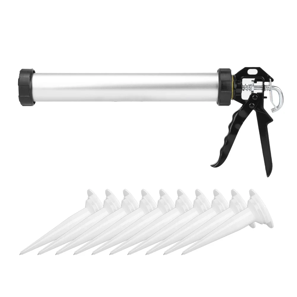 1pc 600ml Aluminum Tube Silicone Caulking Gun Caulk Tool with 10 Nozzles For Caulking And Glass Glue