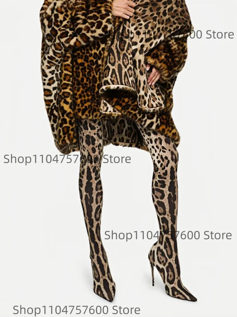 

Women's Leopard Print Design Over The Knee Stiletto Heel Pointed Toe Boots Slender Elegant Retro Ladies Party Large Size Botas