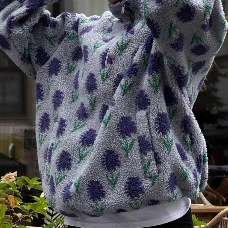 New Autumn Winter Women's Floral Casual Loose Pullover Hoodies Half Zip Style Loose Warm Fleece Lining Sweatshirt 2025 Street