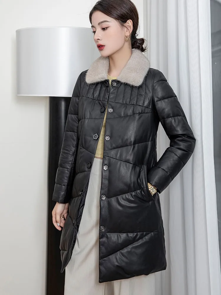 Piumino da donna in vera pelle invernale caldo collo in pelliccia di visone slim fit monopetto moda giacca di pelle di pecora medio lunga femminile