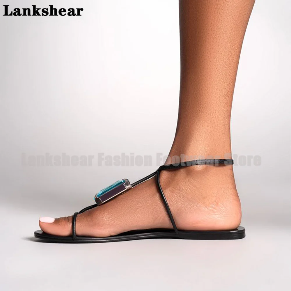 Sandali piatti con cinturino a T con pietre preziose blu Scarpe estive da donna Punta tonda Sandali aperti con cinturino ingioiellato Sandali De Mujer Verano