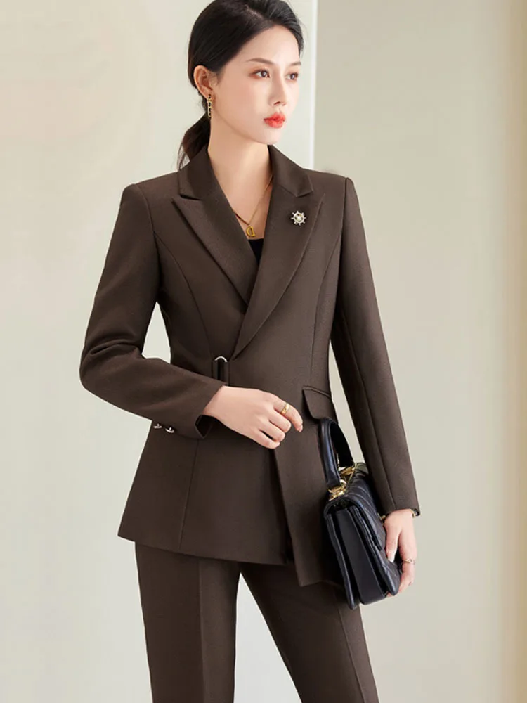 Brown Navy Black Ladies Formal Pant Suit donna giacca e pantaloni donna Business Work Wear 2 pezzi Blazer Set per l\'autunno primavera